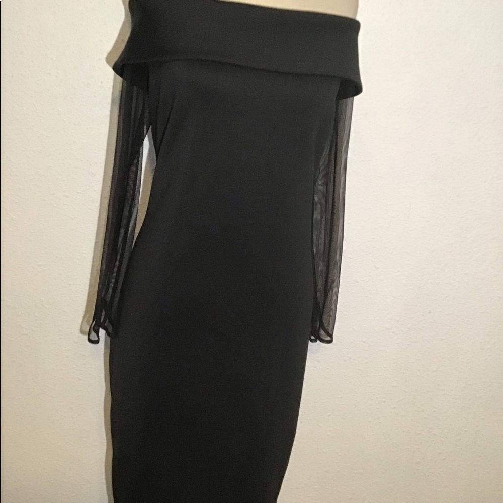 Calvin Klein black off shoulder fold over sheer sleeve sheath dress - Picture 6 of 8